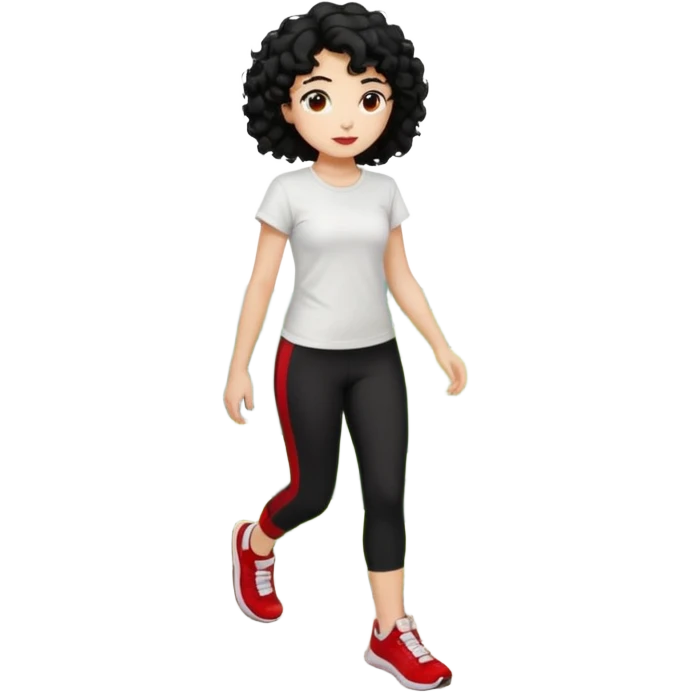 generate a pretty bratz fair skinned girl with curly black hair wearing a white tshirt trekking on a hill with red sneakers on and black leggings. Show HILLS around her emoji