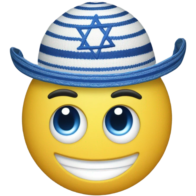 Create an emoji-style smiley face wearing a traditional Jewish kippah and a tallit, incorporating Mexican cultural influences. The face should have a warm, friendly expression. Add elements like vibrant colors, decorative patterns inspired by Mexican art (such as Talavera or papel picado designs), and possibly a subtle sombrero blend with the kippah. The tallit should have blue and white stripes but can feature a hint of Mexican embroidery. The overall aesthetic should be cheerful and culturally harmonious." emoji