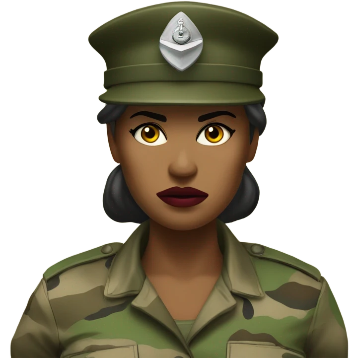 a female drill sergeant character wearing a classic sergeant hat and a camouflage army shirt. The character should have an angry intense expression. full torso emoji