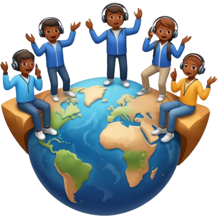 People and music on top of world emoji