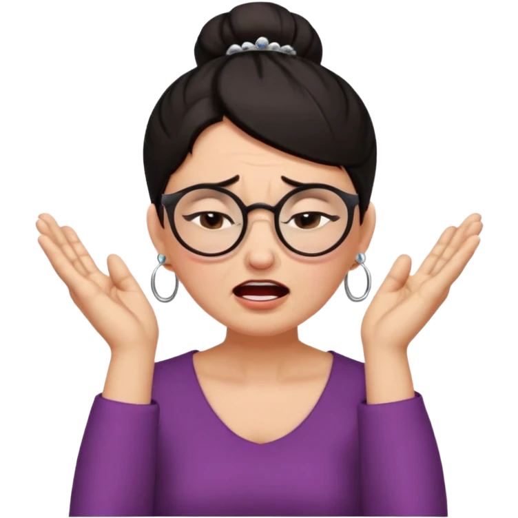  middle aged woman with dark hair pulled up in a high bun, wearing round ring earrings and glasses with a very painful expression on her face, eyes squeeed shut, wincing in pain,covering her ears with her hands, trying to not hear a terrible singer who is too loud and out of tune.  emoji