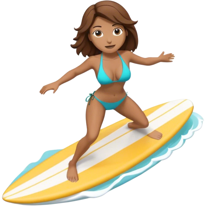 Woman with brown hair surfing wave in 3d bikini emoji