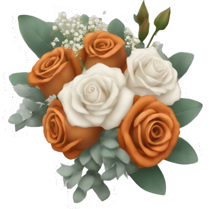 bridal bouquet with burnt orange roses, baby’s breath, and eucalyptus  emoji