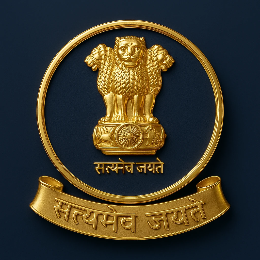 Satyamev Jayate logo in gold, set against a rich navy blue background, traditional and prestigious look emoji