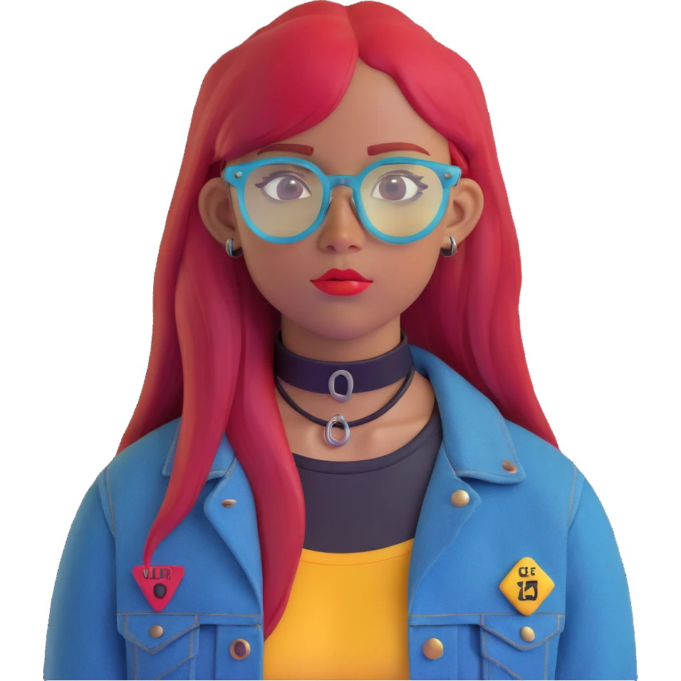 young woman facing forward, long straight bright red hair, blue translucent glasses, black septum ring, black choker necklace, dark denim jacket with a yellow-red patch labeled 'LIB', calm neutral expression, cute face emoji
