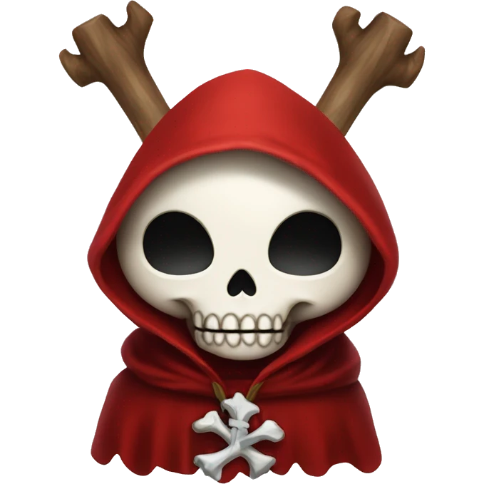 Cute, happy little skull wearing a red velvet hooded cloak with white fur trim. emoji