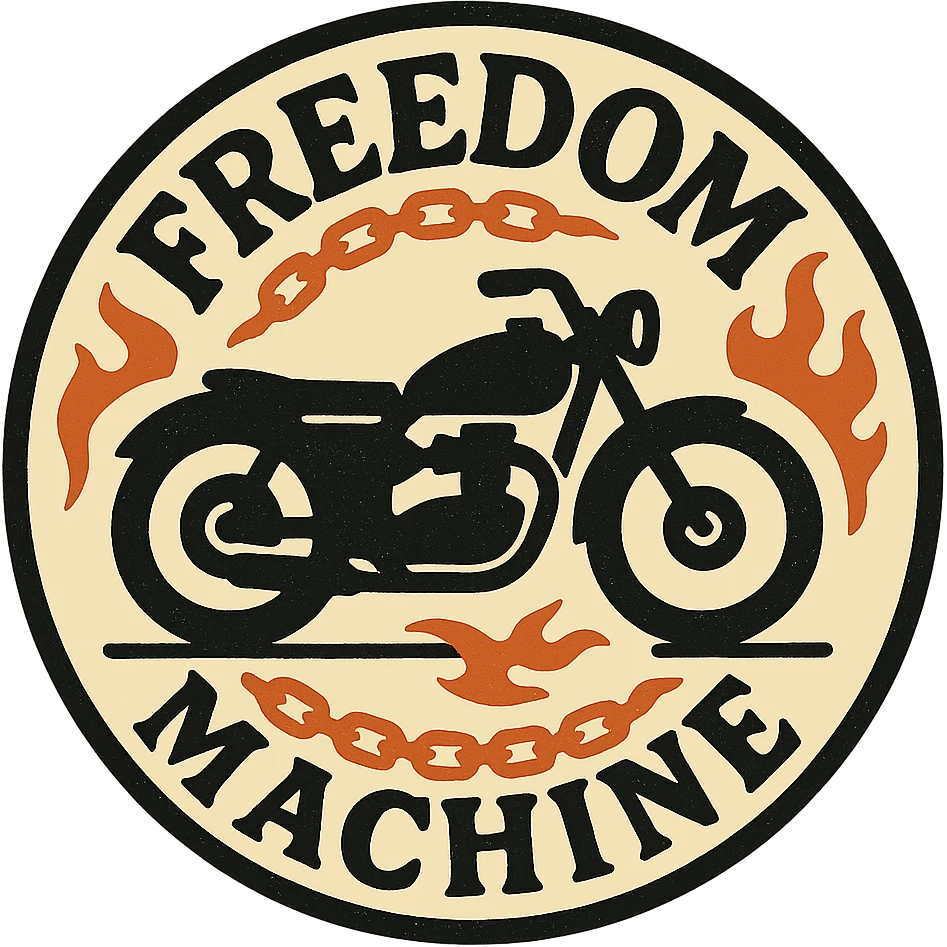 circular design for motorcycle cap, transparent background, text 'Freedom Machine' in English, classic style, motorcycle motifs like motorcycle, chain, flame emoji