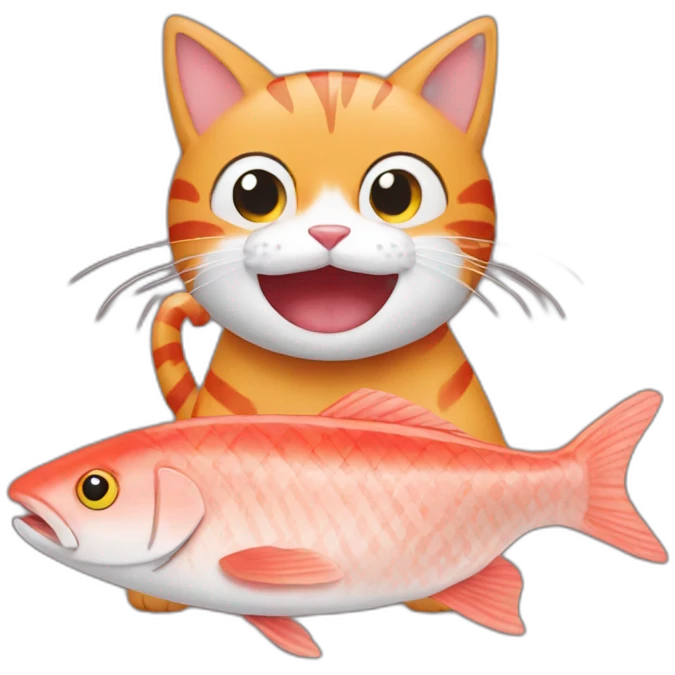 Striped cat eats red fish emoji