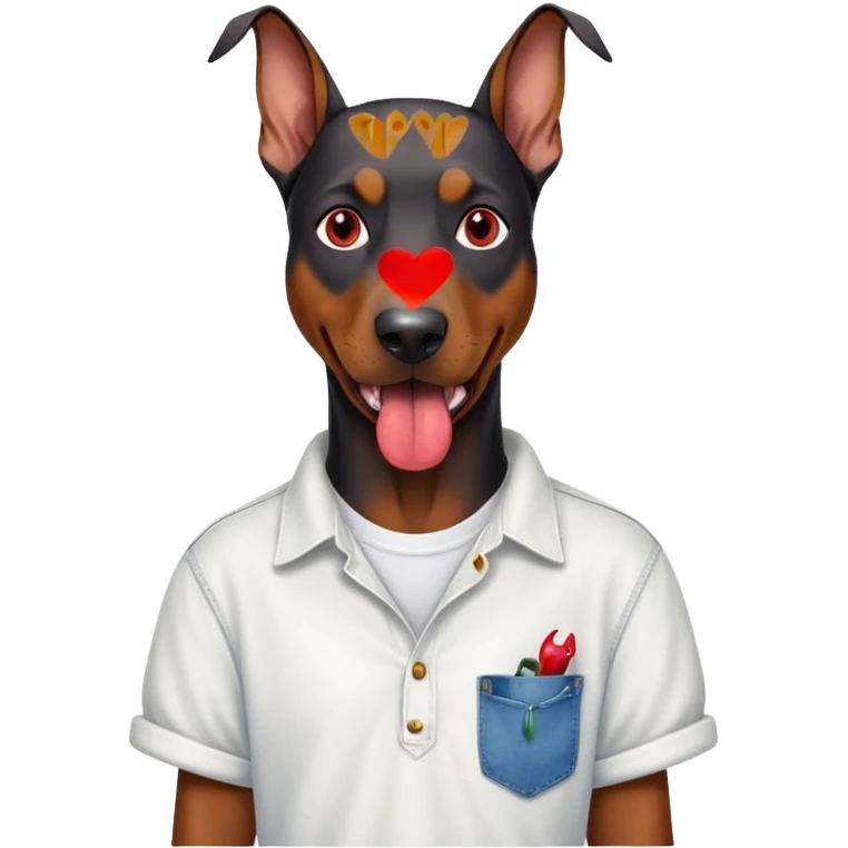 Generate a emoji of a big evil doberman dog with red eyes and a tongue sticking out, give the doberman a human body with a white shirt and baggy jeans, make the doberman have piercings emoji
