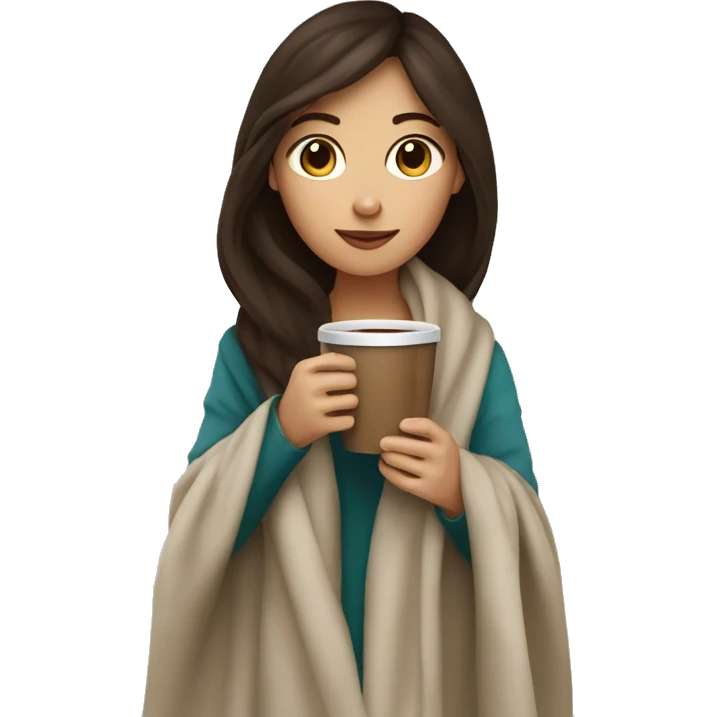 Brunette girl in blanket drinking coffee emoji