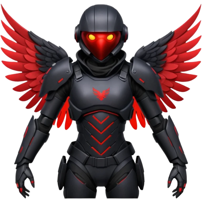 PUBG X SUIT BLOOD RAVEN, futuristic armored suit with raven-inspired details, glowing red eyes, dark wings emoji
