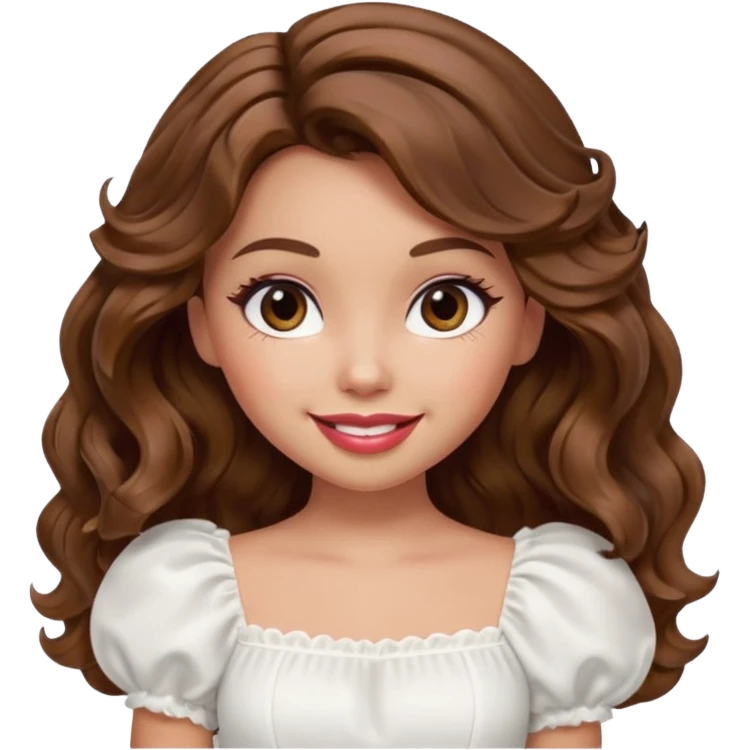 generate a pretty bratz girl with in a white puff sleeve top. lipgloss on . Brown wavy hair long.  emoji