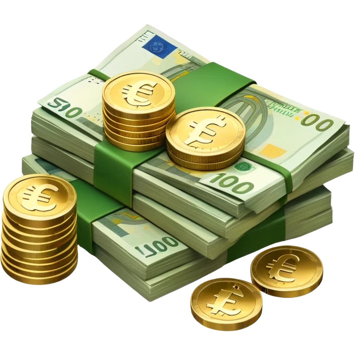 side view of a pile of euro coins and euro bank notes emoji