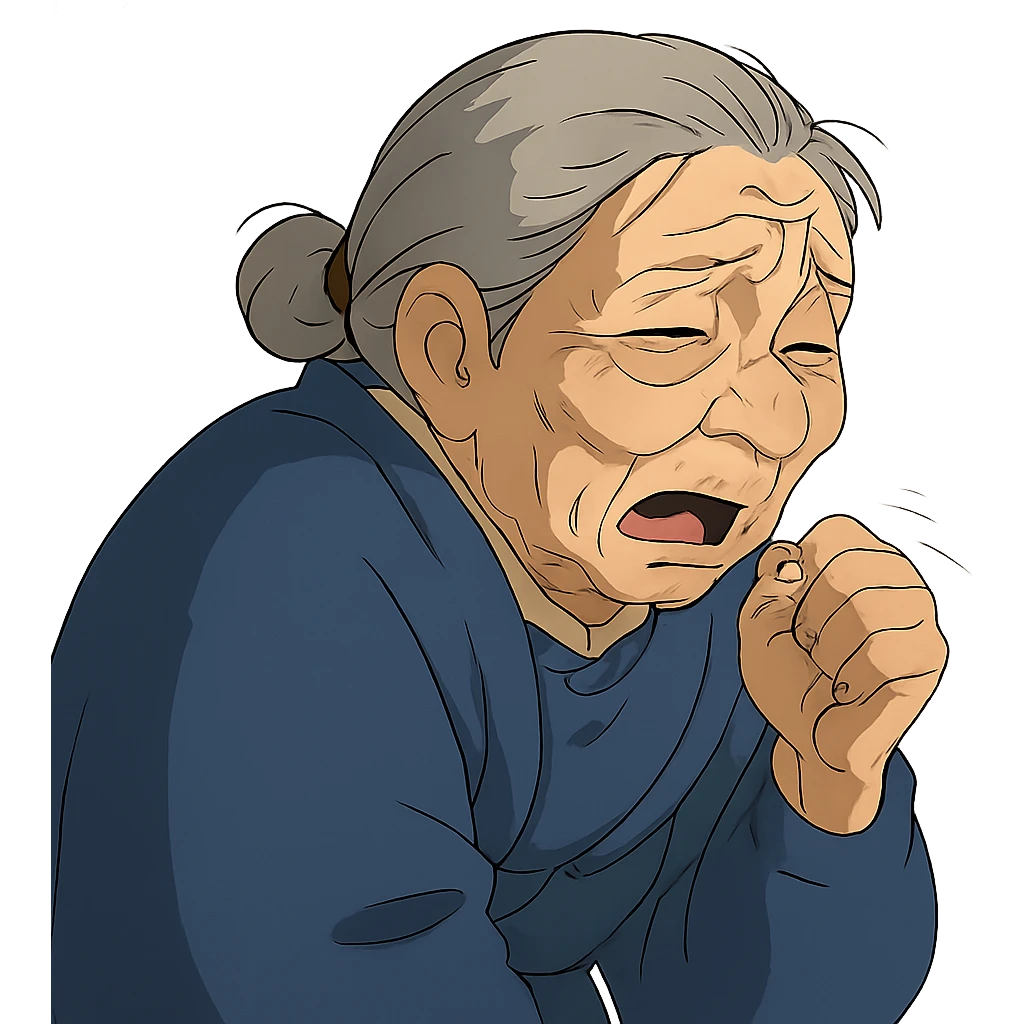 Senior woman, puffy eyes, coughing, ghibli style emoji