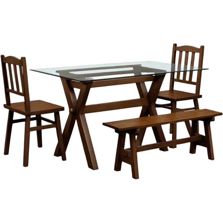 A glass topped rectangular trestle table with a high-backed chair on each short side and a bench on each long sided  emoji