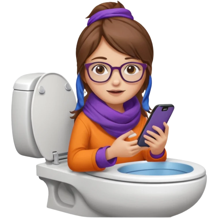 Fille châtain peau blanche avec lunettes. Elle porte une grosse écharpe violette, bleu et orange. Elle assise dans une cuvette de toilette. Téléphone en main. Realiste emoji