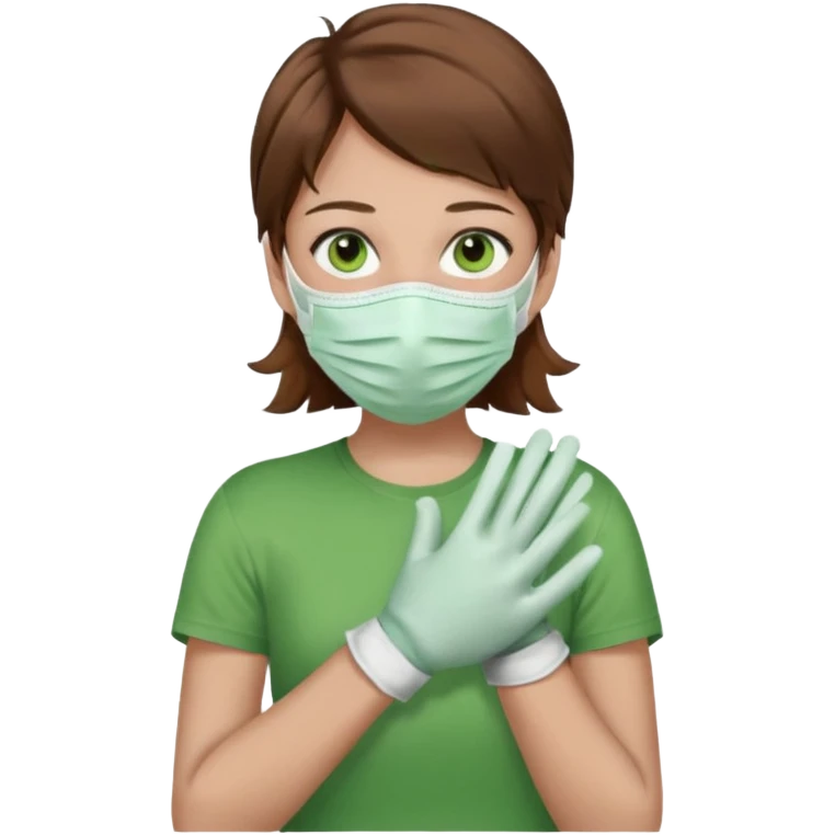 Humano de pelo marrón y ojos verdes, con un cubre boca, que tiene una camisa verde por encima de una remera blanca, y tiene un guante sin dedos en una sola de las manos emoji