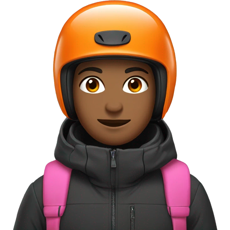 A brunette skier with brown snow pants, a black helmet, and a jacket with an orange body and pink sleeves emoji