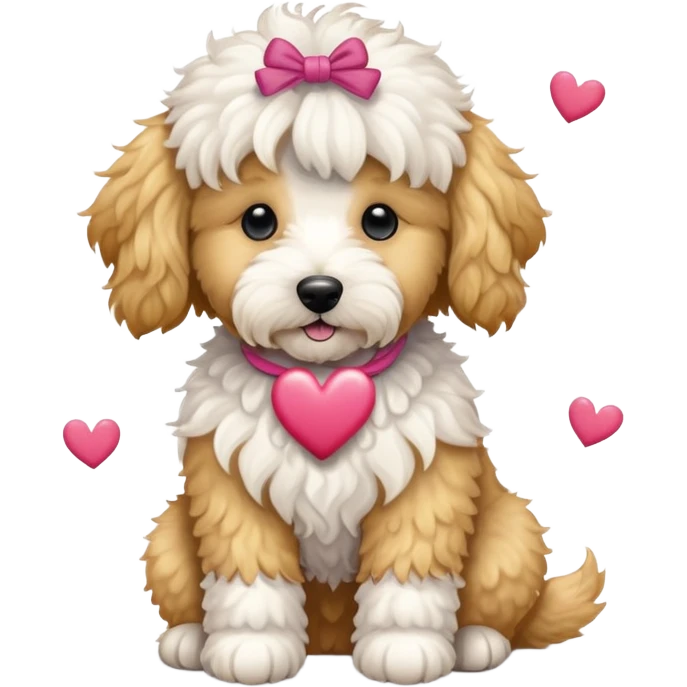 White mini golden doodle with scrunchie hearts emoji