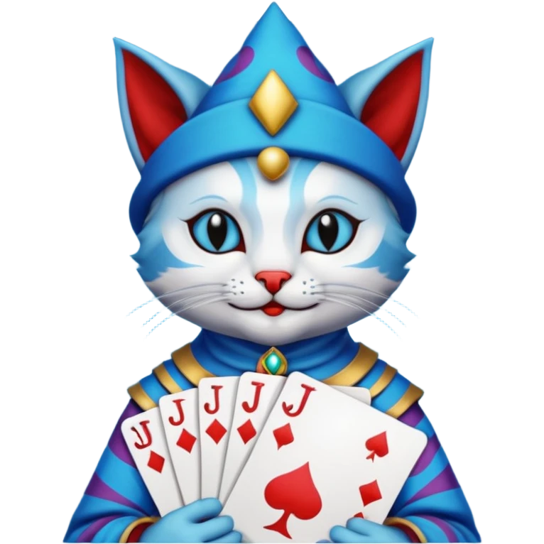 crazy colorful cute little cat jolly joker from poker, medieval, vintage, court jester, mac os icon, blue color, holds poker cards emoji