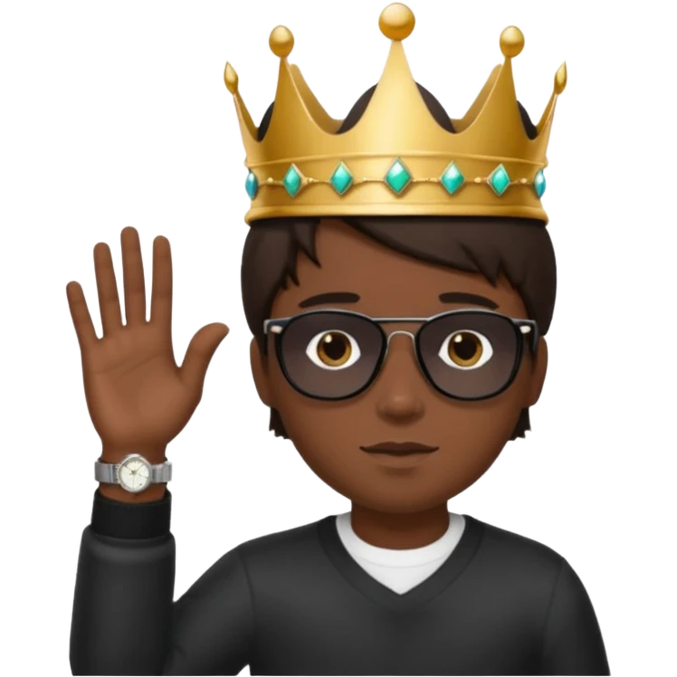 Un niño con cabello lacio no muy largo color marrón castaño,ojos marrones,piel no muy blanca, que tenga lentes de sol color negro,reloj en la mano derecha y una corona como sombrero emoji