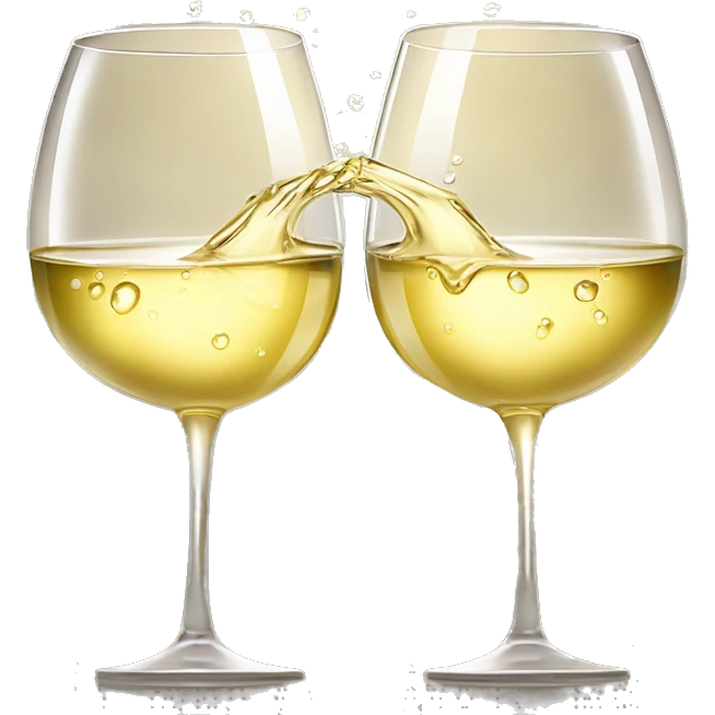 Two wine glasses filled with white wine clinking together in a toast, with soft sunlight highlighting the golden liquid and droplets of condensation on the glass emoji