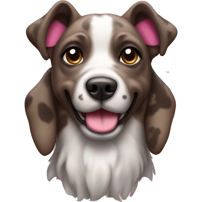 Brindle dog with pricked ears and white chest with pink hearts  emoji