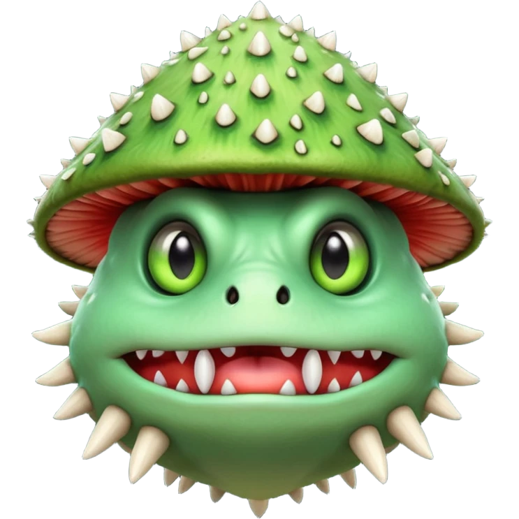 poisonous mushroom monster portrait, head and shoulders only, animal-like creature, mushroom cap head with spikes, toxic green glow, beast-like eyes, furry neck details, monstrous but cute fantasy vibe, 3D cartoon, mobile game icon style, clean background, no text, no watermark

 emoji