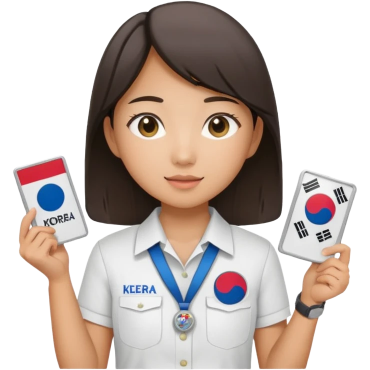 A young Asian guide holding her tour license in both hands, wearing a white shirt with the South Korea badge on her chest. emoji