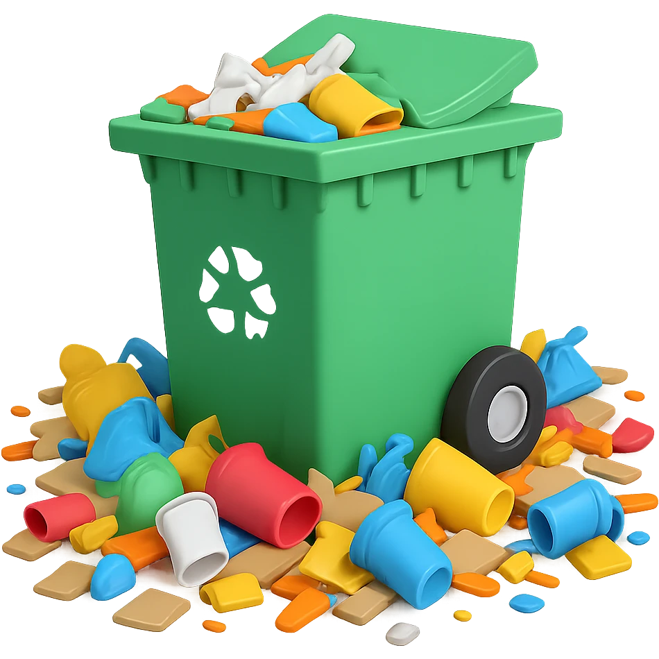 Make the trash on the floor look much messier, with more scattered items, in a 3D emoji style, no background. emoji