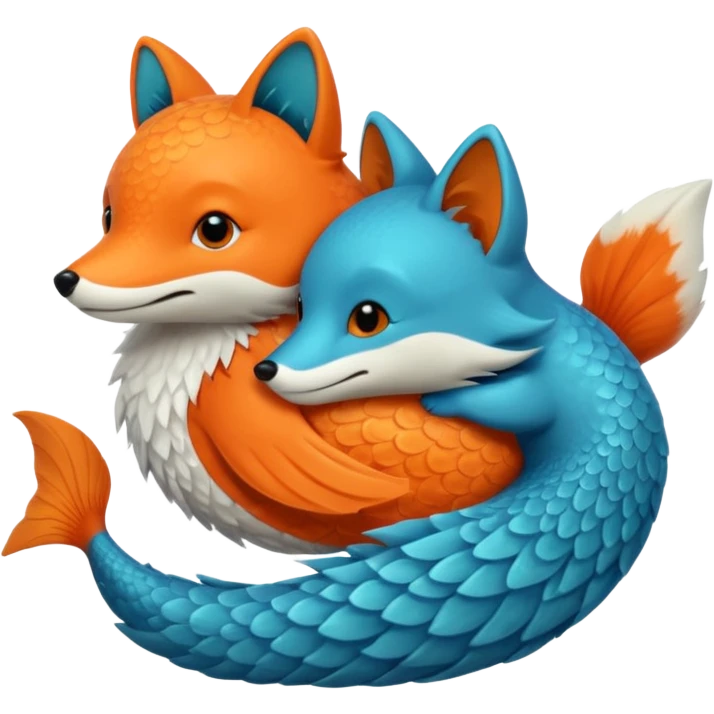 An orange fish and a teal blue fox, that are hugging or cuddling each other emoji