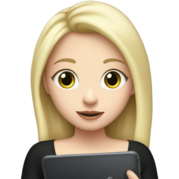 Apple grey ipad in girls hands (blond Girl whole height pinky lips greenish eyes wearing black top, holding IPad in one hand) the screen of the ipad is opposite to the girl‘s face emoji