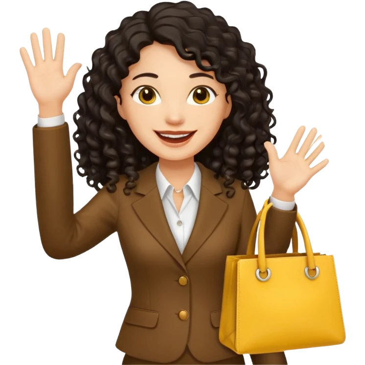 medium deep tan brown business woman with long black curly hair, waving hand with happy face with smile mouth and carrying yellow bag on her shoulder emoji