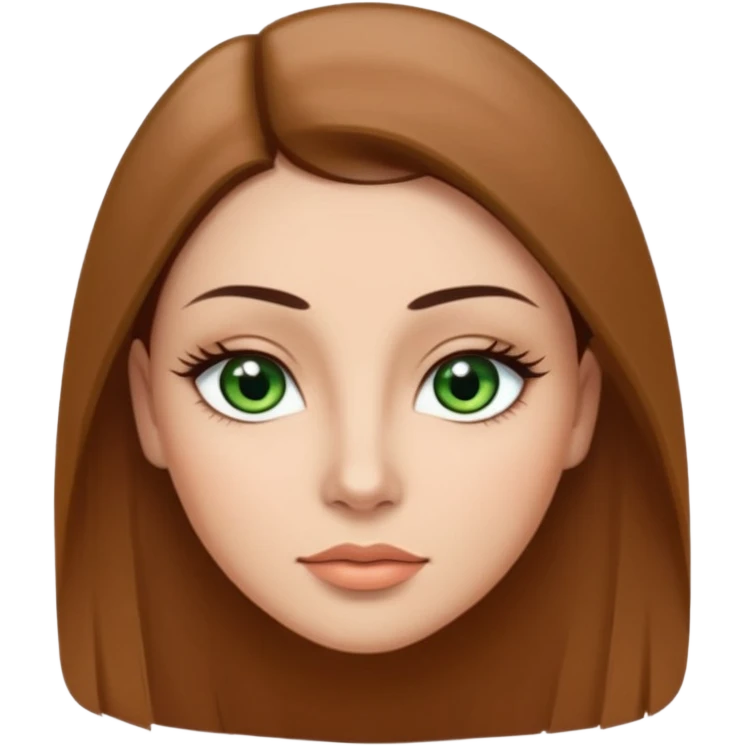 Adult woman avatar, light skin tone, oval face, long straight brown hair, green almond-shaped eyes with dramatic eyelashes and minimal eyeliner, neutral mouth, medium straight eyebrows, small nose, smooth skin emoji