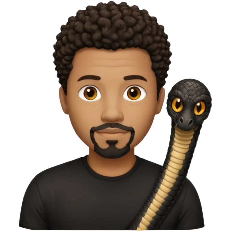 Homme noir, yeux marron avec un bouc sans la moustache, cheveux noir court et bouclé crépus avec un dégradé sur le côté, avec un cobra à côté , t-shirt noir  emoji