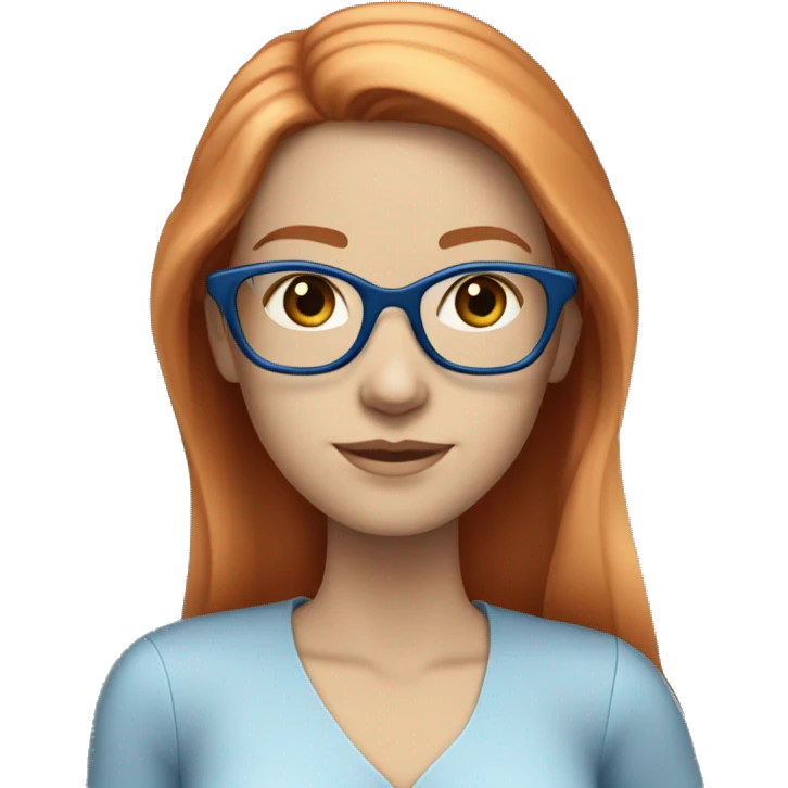 White-girl-with-long-hair-red-head-eyes-blue-wearing-glasses-blouse-formal-blue emoji