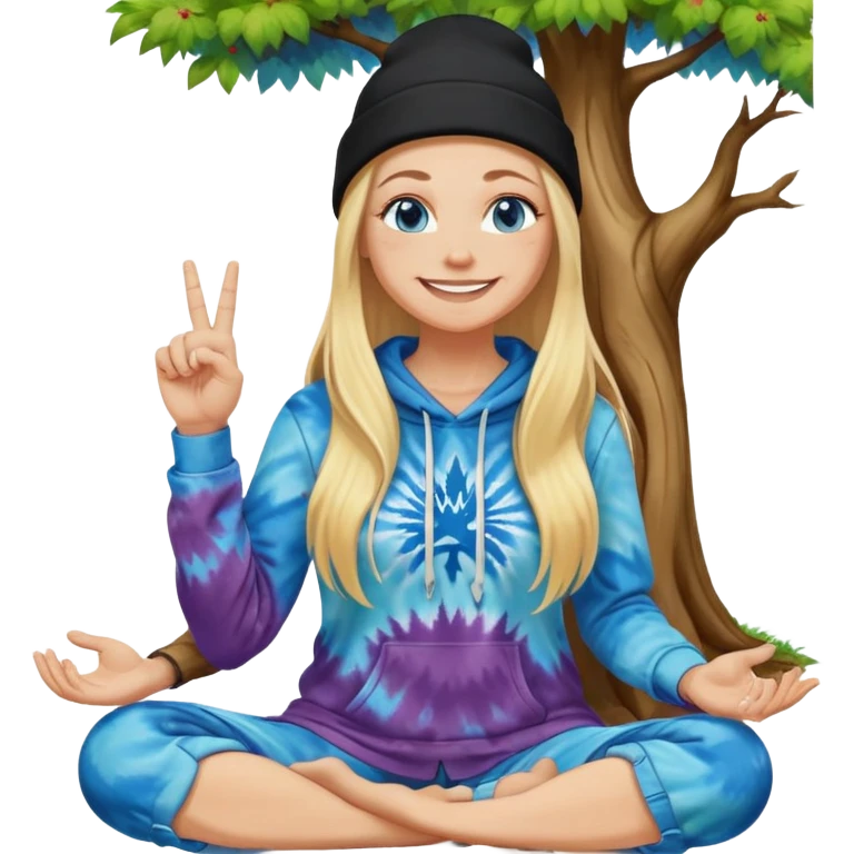 long haired blonde white woman wearing a black beanie and This woman should have blue eyes and a big smile and i want her to be sitting meditating next to a tree. she is wearing a tie dye hoodie. I want one hand of hers to show a middle finger pointing up  emoji