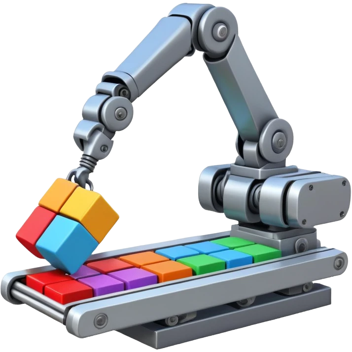 robot arm which is picking blocks on conveyor belt emoji