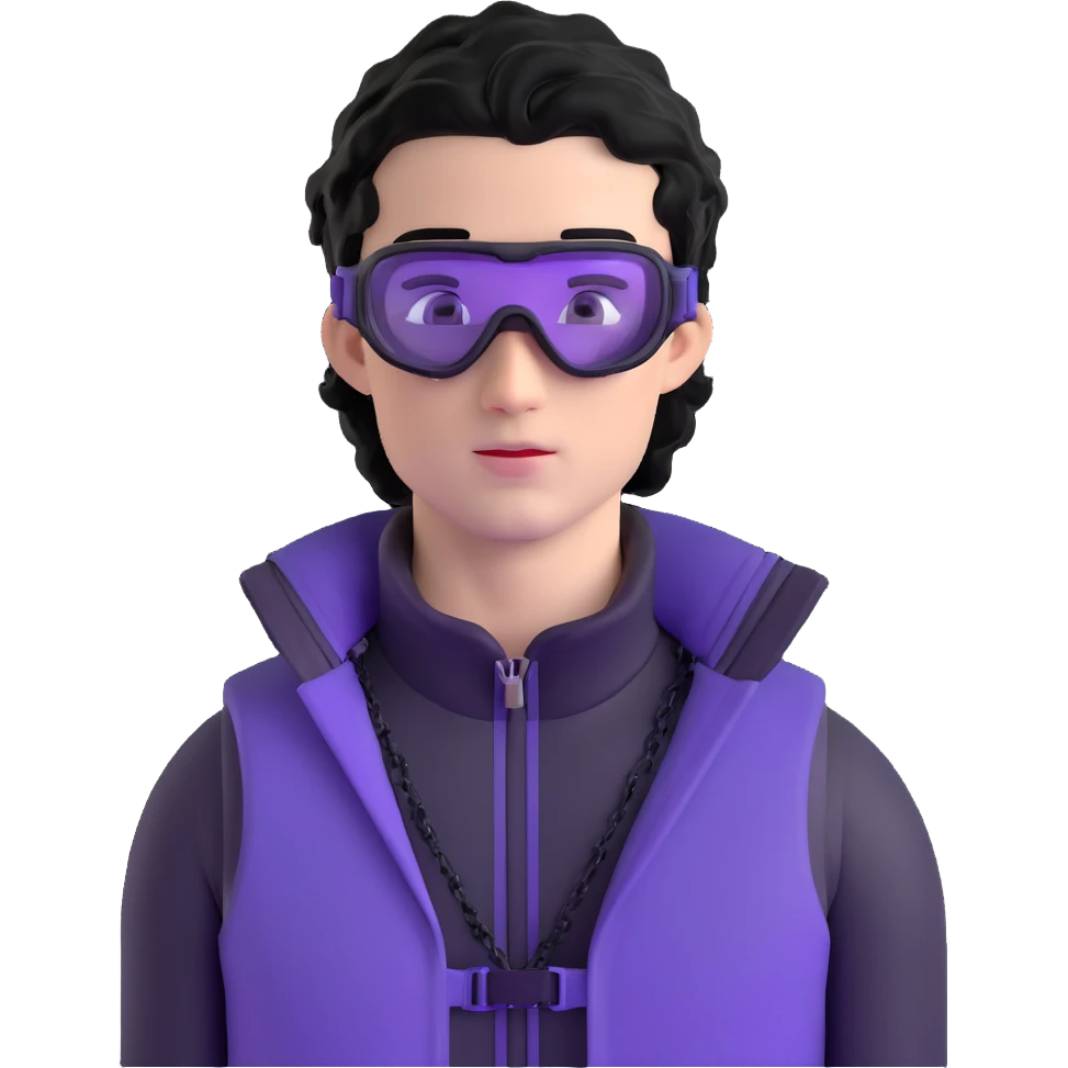 male athlete with white skin and moderately curly black hair on top with shaved sides, wearing ski goggles with purple frames and very dark black lenses, a simple plain black chain necklace, and a completely unzipped/wide open shiny purple vest fully revealing his chest and abs, no earrings emoji