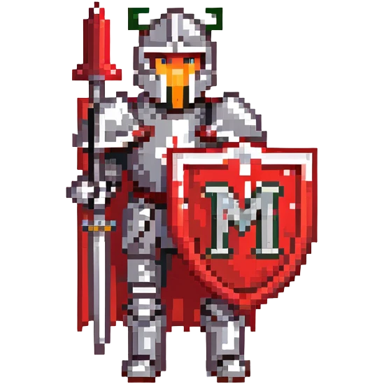 Knight with red and black armor holding a shield with the letter M on it emoji