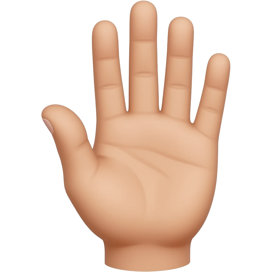 Close-up of a single human hand showing exactly three fingers: index, middle, and ring fingers up. The thumb and pinky (little finger) are curled completely down. Palm facing forward. Cartoon style. emoji