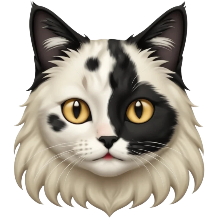 black and white long hair cat. black nose. black splotch near nose (on the right side). white chest. emoji