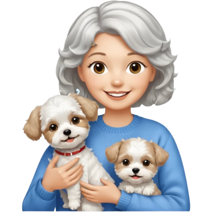 silver, short, wavy-haired with loose curls, smiling pretty lady holding a whit terrier dog and a white and tan shih tzu dog emoji