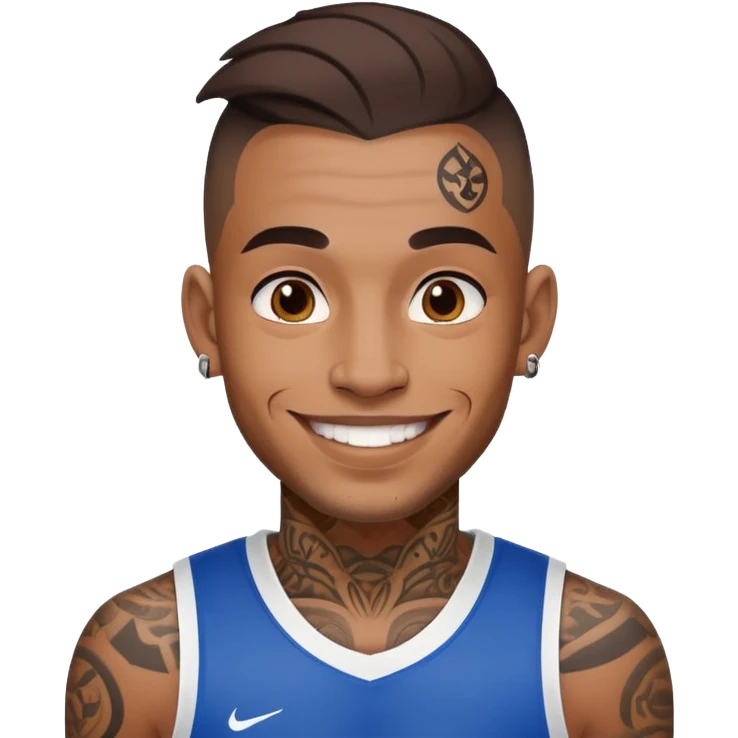 man with face tattoos, smiling, wearing a sports jersey emoji