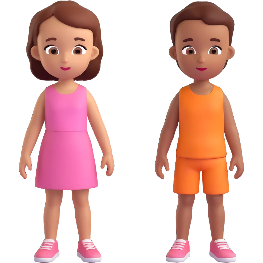 Slightly increase the volume of the upper body of the girl, separate the girl and the boy from each other, and make the skin color the same for both characters. Keep the cartoonish 3D style. emoji