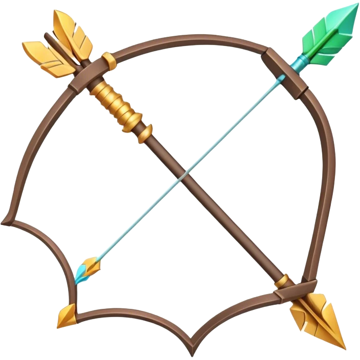 Clash of Clans aesthetic: Cinematic Playful 3D Isometric Bow & Arrows Emoji, rendered in a 3D vector-style similar to standard emojis with minimal shading and bold, simplified shapes. A compact, distinct form with signature details, softly glowing with a fantasy RPG magic charm. Simplified yet unmistakably iconic, highly detailed and consistent, glowing with a soft radiance and high shine. Stylized with a touch of heroic grandeur and a soft glowing outline, capturing the essence of a beloved gaming relic with a friendly, playful manner! emoji