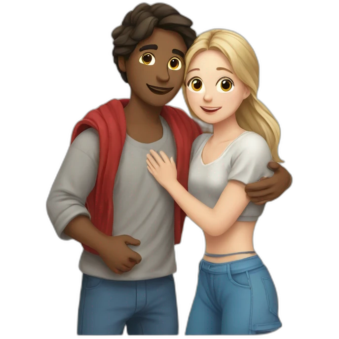 young metis Man and young white woman hug love with beach clothe emoji
