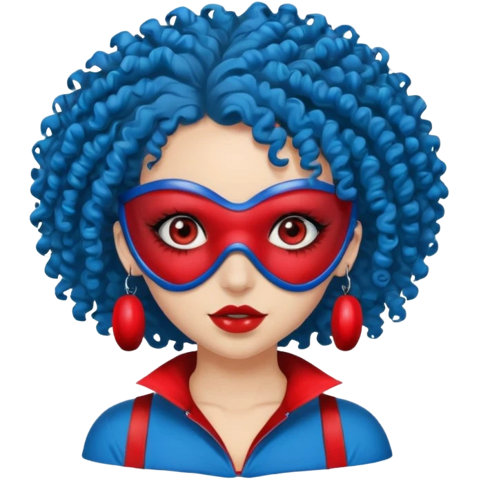 blue curly haired girl with huge earrings, wearing red paintball eye mask, emoji