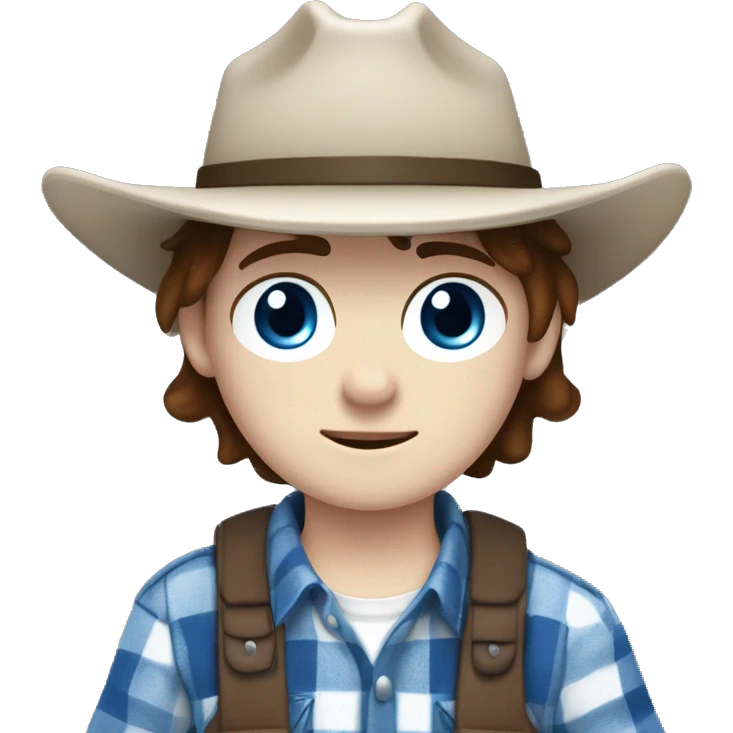 Teenager boy with freckles, white skin, blue and white flannel, hair to his shoulders and a sided fringe, white eye bandage and sheriff hat. Blue eyes and brown hair. Carl grimes  emoji