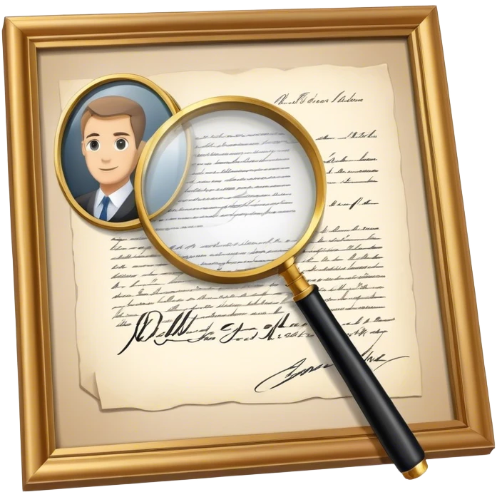 Icon for Autograph Collecting: a signed piece of paper or book page with a famous signature, surrounded by a magnifying glass, and a collection of several framed autographs. Transparent background. emoji